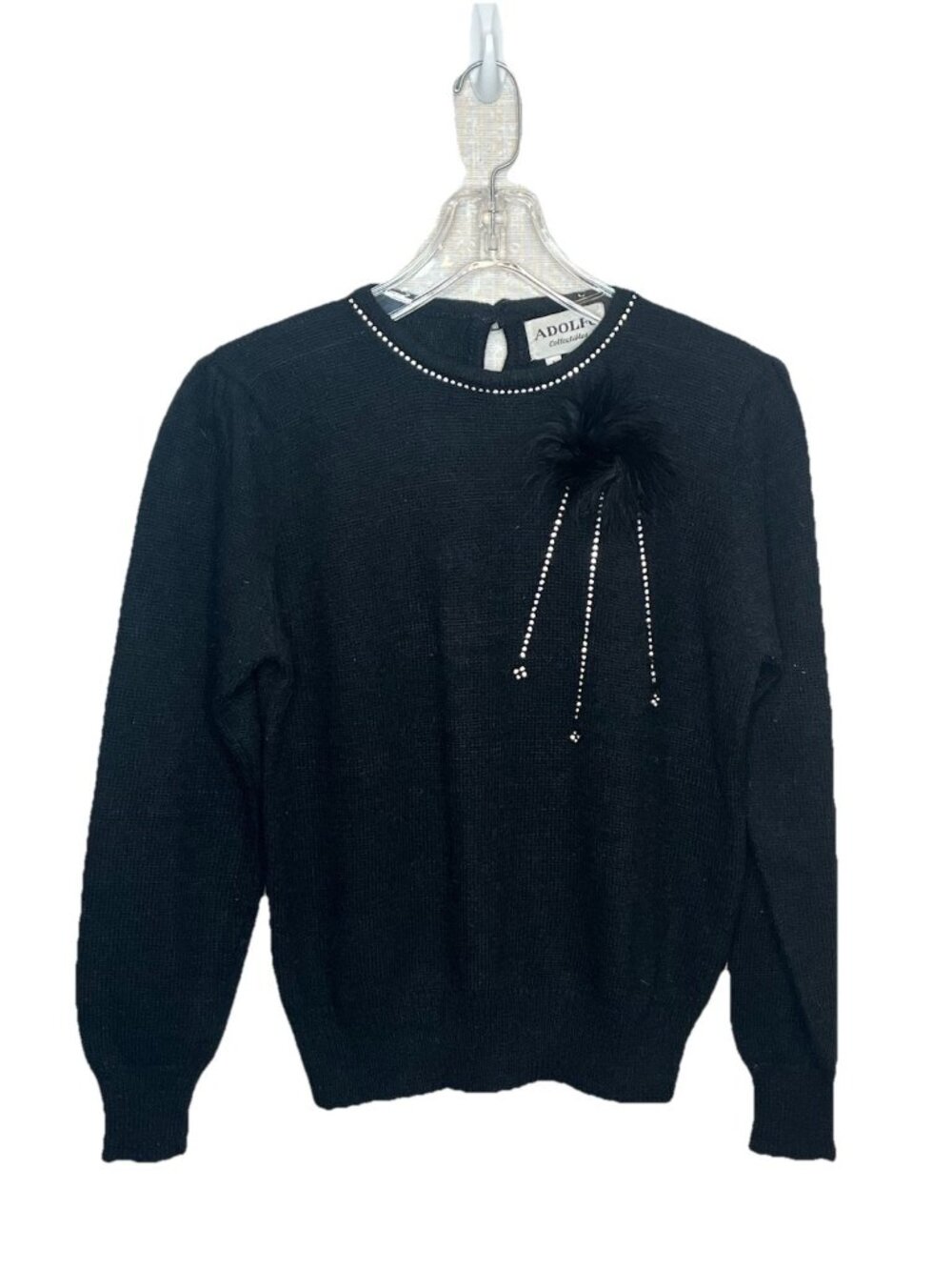 Vtg Adolfo Black Angora Wool Sweater Rhinestone Feather Trim L Coquette Glam
